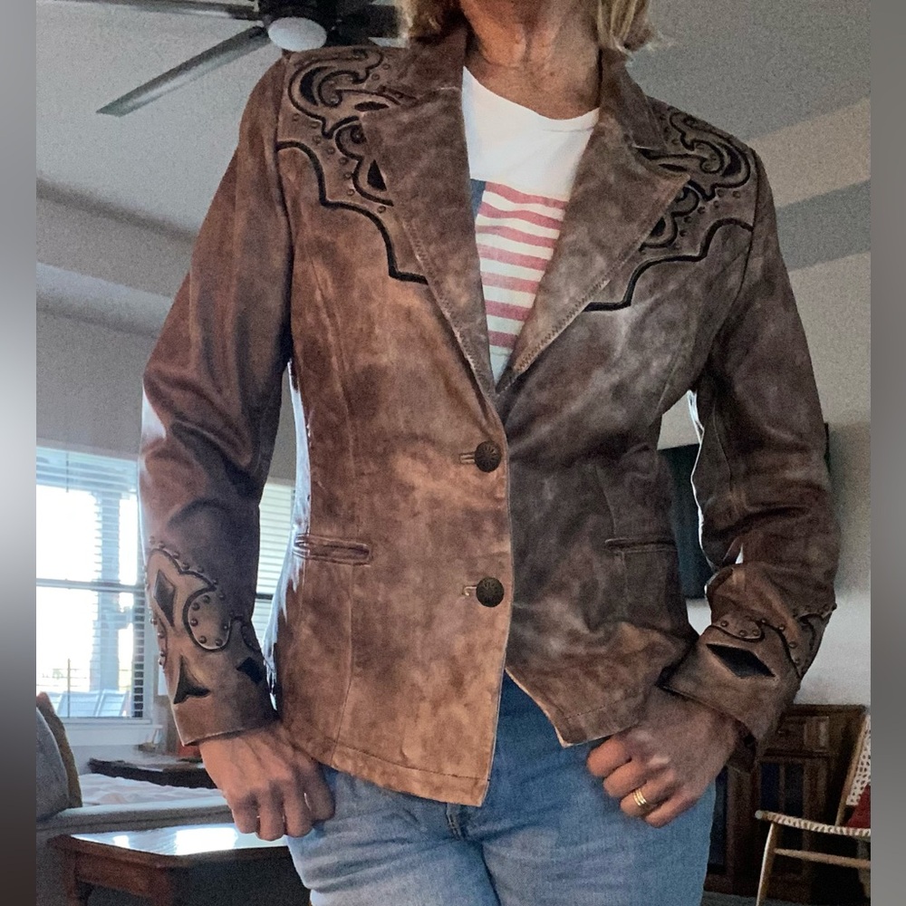 Reba Western Brown Butter Soft Leather Jacket with Inlay and Studs Accents Sz M
